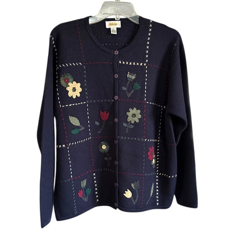 Talbots Vintage Navy Blue 100% Wool Floral Embroidered Patch Cardigan‎ Sweater L